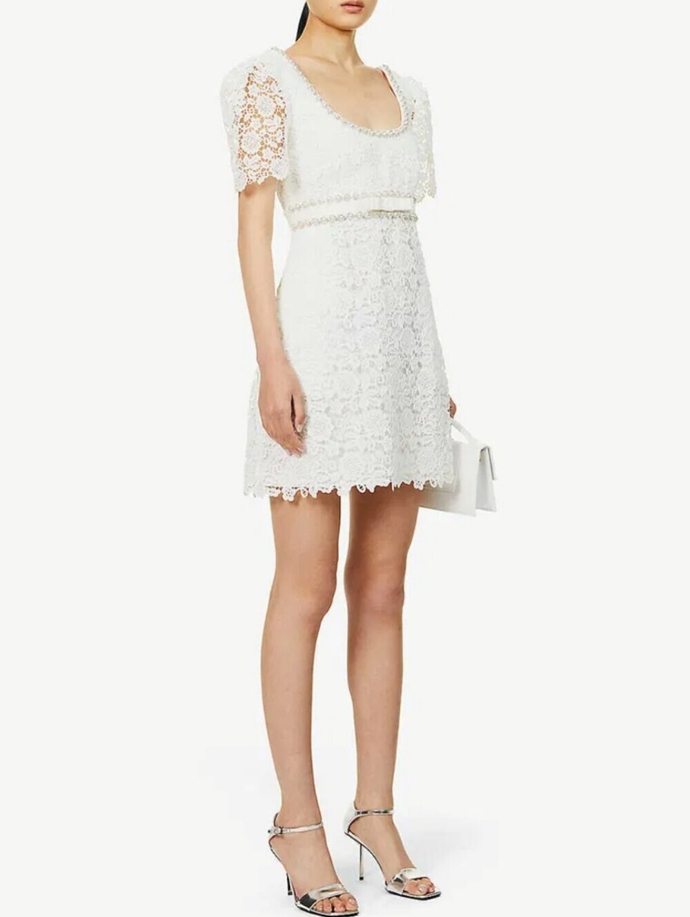 Self-Portrait Pearl-Embellished Guipure Lace Scoop-Neck White Mini Dress - Picture 2 of 14